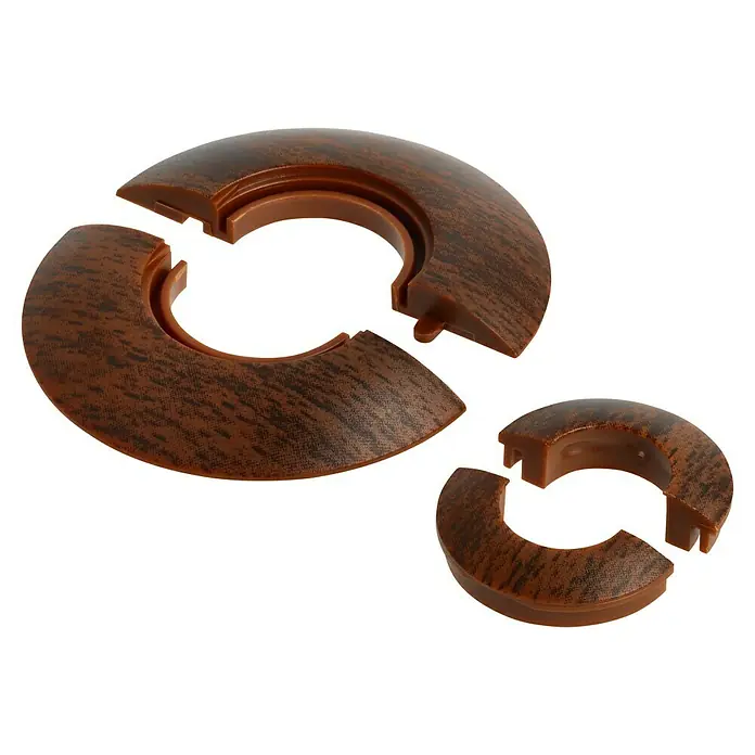 LOGOCLIC Rohrrosette - Nussbaum, 2 Stk., Kunststoff - Das Bild zeigt einen zweiteiligen braunen Rohrmanschette-Satz auf schwarzem Hintergrund. Die Rohrmanschette ist aus Kunststoff.
