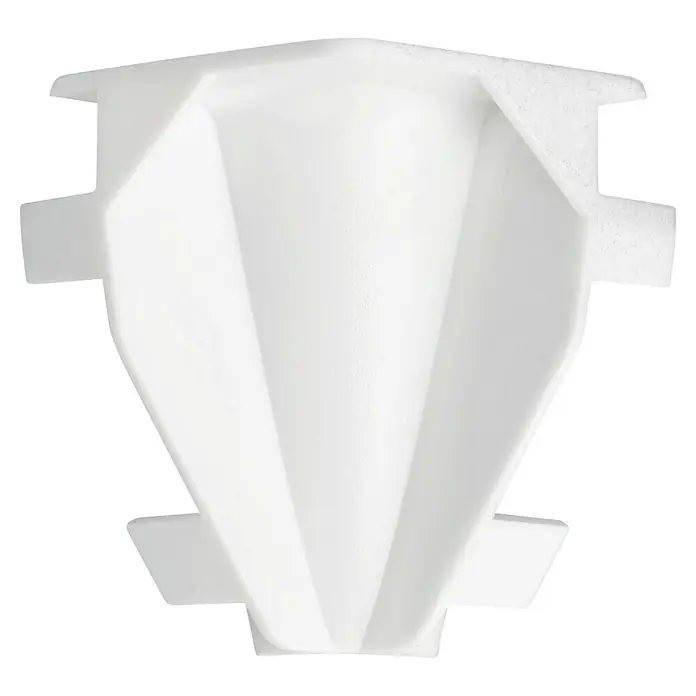 LOGOCLIC Innenecke K40 C - Silber, 2 Stk., Passend für: LOGOCLIC Sockelleiste K40 C - Nahaufnahme eines weißen, dreieckigen Eckschutzpolsters mit seitlichen Aussparungen. Ideal, um Ecken sicher zu schützen und Stöße zu absorbieren.