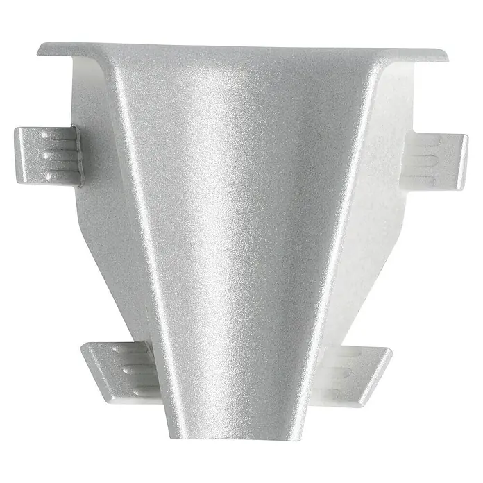 LOGOCLIC Innenecke K40 C - Silber, 2 Stk., Passend für: LOGOCLIC Sockelleiste K40 C - Nahaufnahme einer grauen Kunststoffschiene mit mehreren seitlichen Stiften auf einem schwarzen Hintergrund.