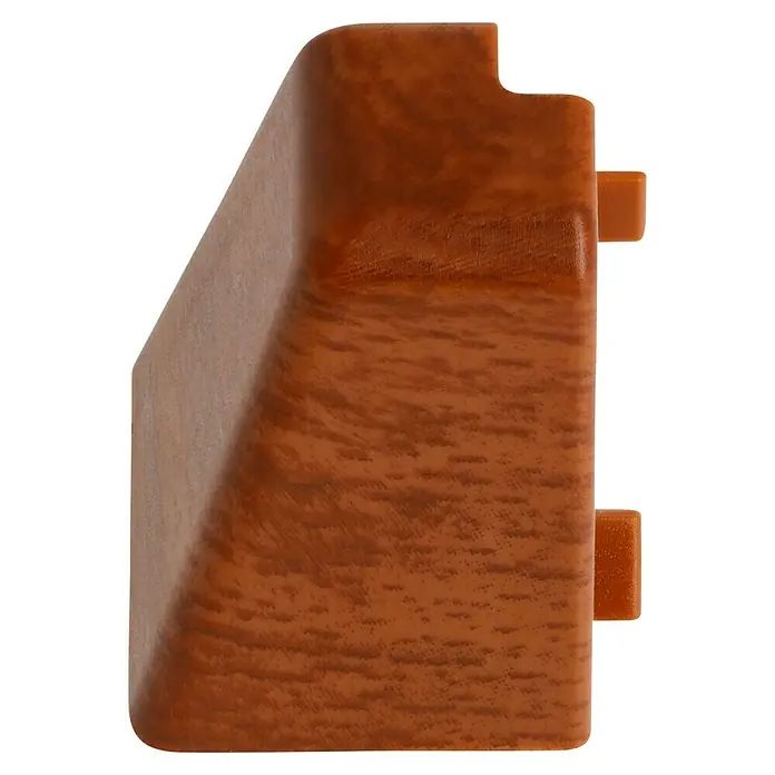 LOGOCLIC Außenecke K40 C - Kastanie, 2 Stk., Passend für: LOGOCLIC Sockelleiste K40 C - Detailaufnahme eines braunen Endkappen-Kunststoffprofils mit Holzmaserung.