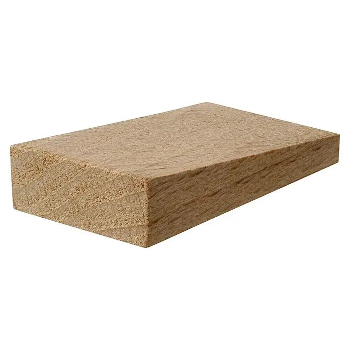 LOGOCLIC Holzkeile - 12 Stk., Buche - Nahaufnahme eines rechteckigen Holzblocks, der die natürliche Textur und die warmen Farbtöne des Holzes hervorhebt.