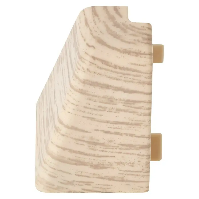 LOGOCLIC Außenecke K40 C - Eiche Arizona, 2 Stk., Passend für: LOGOCLIC Sockelleiste K40 C - Nahaufnahme einer weißen Sockelleiste mit Holzmaserung und zwei braunen Befestigungsstiften, ideal für jeden Raum.