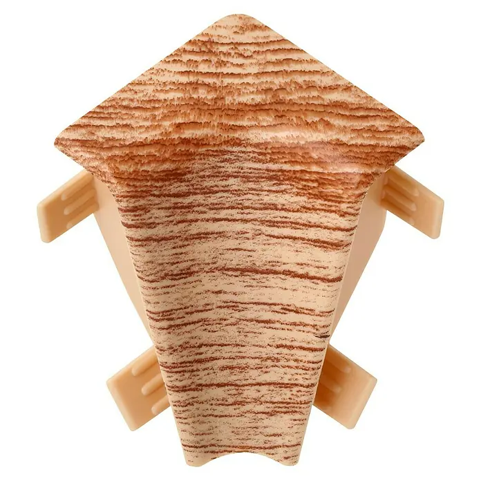 LOGOCLIC Innenecke K40 C - Birke, 2 Stk., Passend für: LOGOCLIC Sockelleiste K40 C - Nahaufnahme einer beigen Eckleiste aus Kunststoff mit Holzmaserung. Perfekt zum Abdecken und Schutz von Ecken.