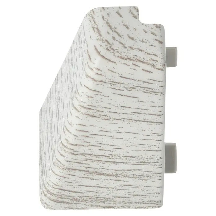 LOGOCLIC Außenecke K40 C - Buche Grau, 2 Stk., Passend für: LOGOCLIC Sockelleiste K40 C - Detailaufnahme eines weißen Sockelleisten-Eckstücks mit Holzstruktur. Praktisches Zubehör für stilvolle Bodenabschlüsse.
