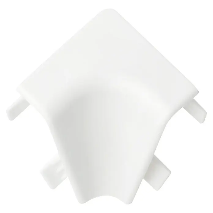 LOGOCLIC Innenecke K40 C - Weiß, 2 Stk., Passend für: LOGOCLIC Sockelleiste K40 C - Das Bild zeigt eine weiße Eckabdeckung, ein nützliches Zubehör für Kabelkanäle, um saubere und geschützte Eckverbindungen zu schaffen.