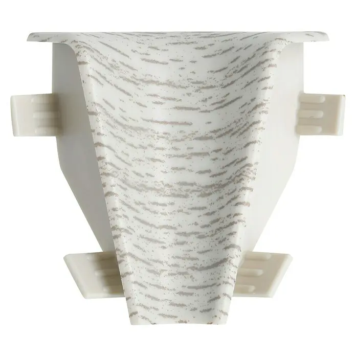 LOGOCLIC Innenecke K40 C - Buche Grau, 2 Stk., Passend für: LOGOCLIC Sockelleiste K40 C - Nahaufnahme einer weißen, gemusterten Zubehörhalterung mit seitlichen Befestigungen vor schwarzem Hintergrund.