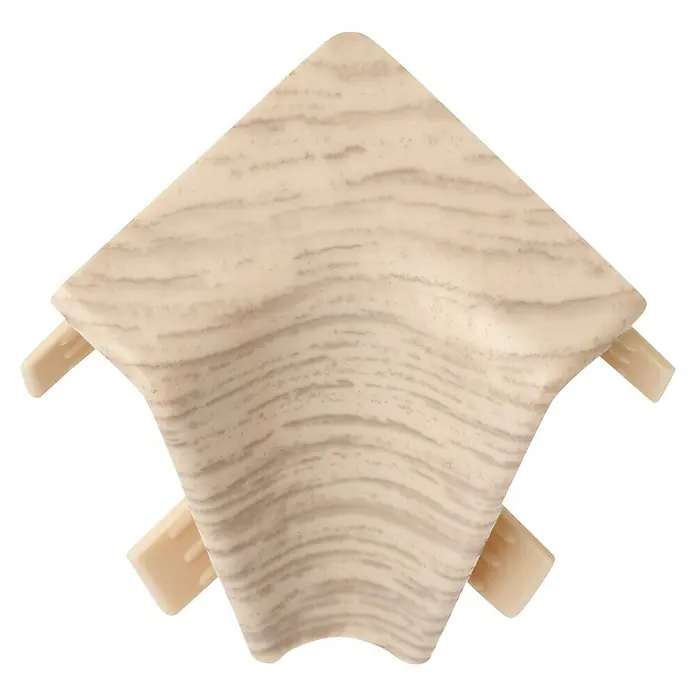 LOGOCLIC Innenecke K40 C - Eiche Arizona, 2 Stk., Passend für: LOGOCLIC Sockelleiste K40 C - Blick von oben auf eine helle Eckabdeckung mit Holzmaserung für Kabelkanäle, ideal für saubere Installationen.
