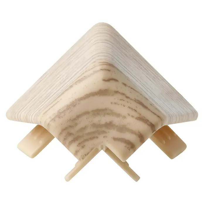 LOGOCLIC Außenecke K40 C - Eiche Arizona, 2 Stk., Passend für: LOGOCLIC Sockelleiste K40 C - Nahaufnahme eines cremefarbenen Eckschutzes mit Holzmaserung, ideal zum Schutz von Ecken vor Beschädigungen und zur Erhöhung der Sicherheit.