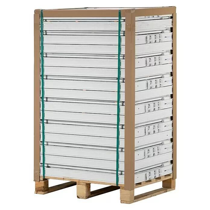 Solid Elements Ventana para sótano - An x Al: 80 x 60 cm, Apertura según normativa: Derecha, Blanco - Pila paletizada de perfiles de ventana blancos, asegurada con correas verdes y protección de cartón.