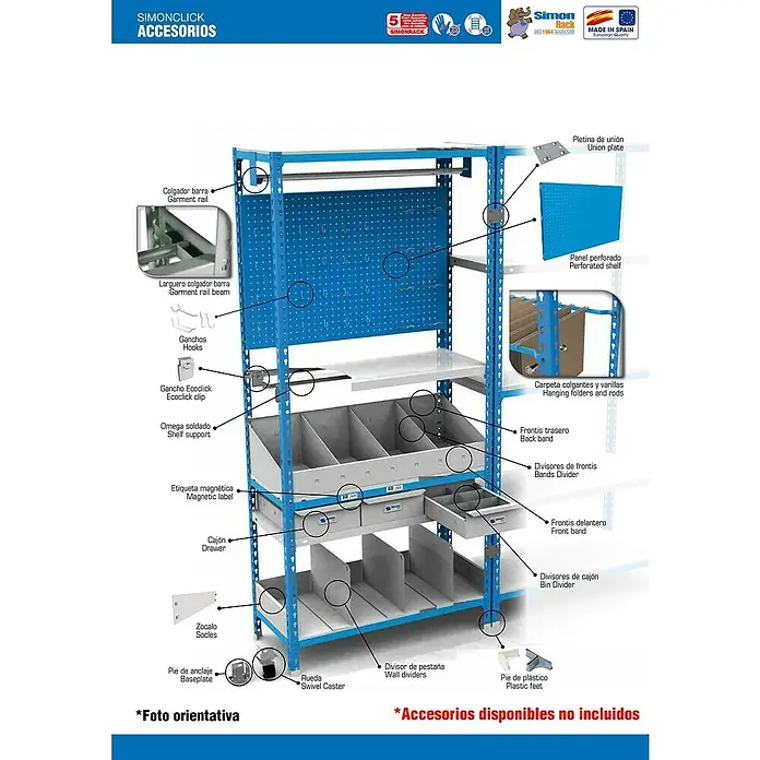 Simonrack Simonclick Metallregal Simonclick Plus - H x B x T: 150 x 100 x 40 cm, Traglast pro Boden: 180 kg, Anzahl Böden: 4 Stk., Stecken, Weiß/Weiß - Abbildung eines Simonclick-Regals mit Zubehörteilen, darunter eine Kleiderstange, Lochplatte und Schubladen, ideal für die Werkstattorganisation.