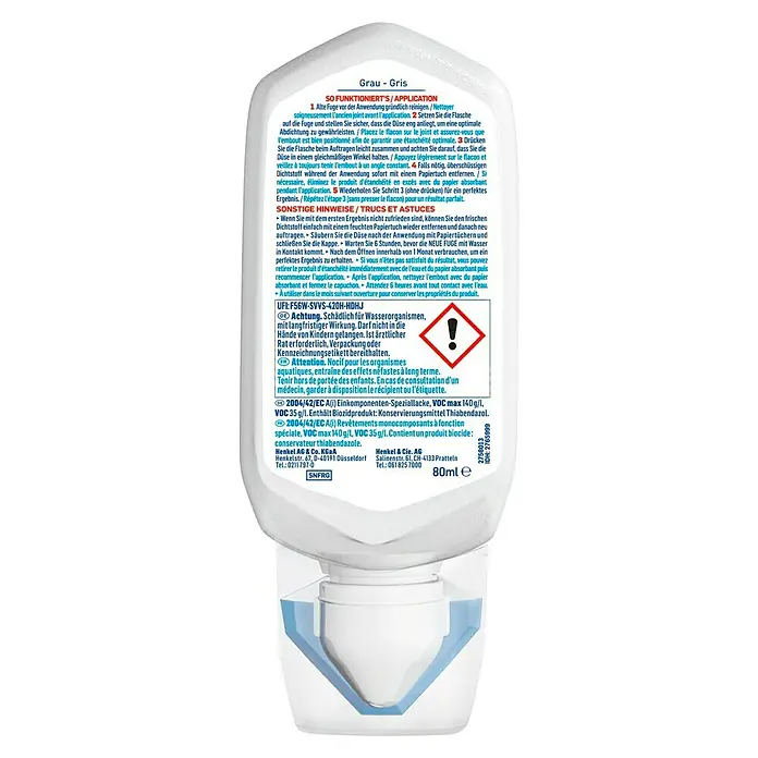 Sista Silikon Neue Fuge - Grau, 80 ml - Produktabbildung einer Kartusche mit grauer Fugenmasse, ideal für die Erneuerung von Fugen in Bad und Küche.