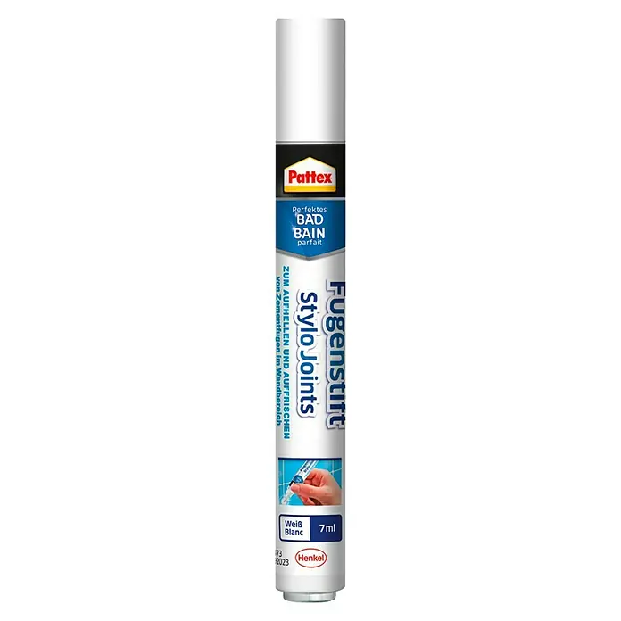 Pattex Fugenstift Perfektes Bad - Weiß, 7 ml - Produktbild eines Pattex Fugenstiftes mit 7ml Inhalt zum Aufhellen und Auffrischen von Zementfugen im Badezimmer.