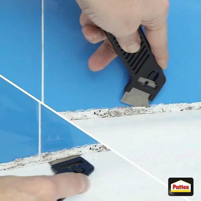 Pattex Fugenhai - Material Klinge: Edelstahl - Das Bild zeigt die Anwendung eines Pattex Werkzeugs zum Entfernen von Dichtungsmasse zwischen Fliesen, um alte Rückstände sauber zu beseitigen.
