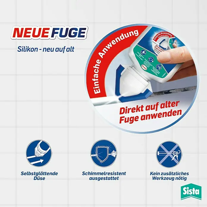 Sista Silikon Neue Fuge - Weiß, 80 ml - Neue Fuge Silikon: Einfache Anwendung für die Erneuerung alter Silikonfugen, schimmelresistent und ohne zusätzliches Werkzeug.