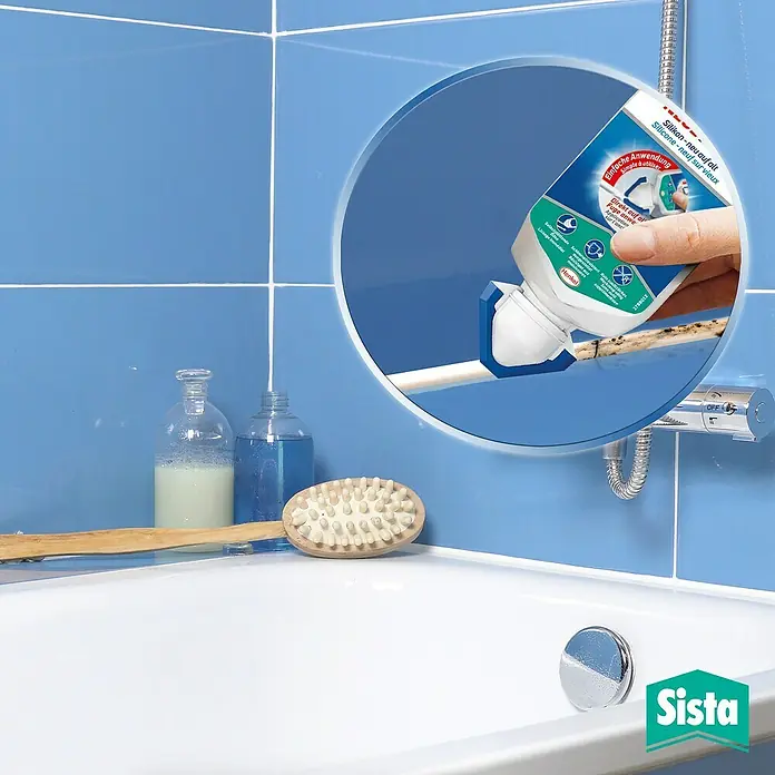 Sista Silikon Neue Fuge - Weiß, 80 ml - Produktbild von Sista Silikon-Neu auf Alt, ein Silikonentferner, der alte Silikonfugen im Bad einfach und direkt überdeckt.