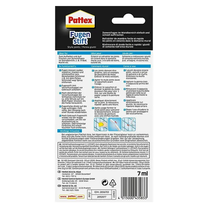 Pattex Fugenstift Perfektes Bad - Weiß, 7 ml - Bild der Pattex Fugen Stift-Verpackung, die einen Fugenstift zur einfachen und schnellen Ausbesserung von Zementfugen zeigt.