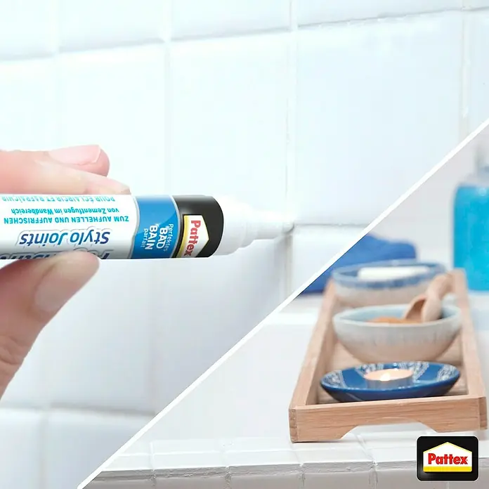 Pattex Fugenstift Perfektes Bad - Weiß, 7 ml - Anwendung des Pattex Fugenstiftes zum Aufhellen von Zementfugen im Badbereich, um das Erscheinungsbild der Fliesen zu verbessern.