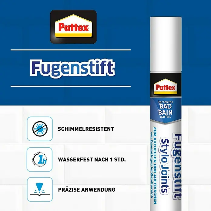 Pattex Fugenstift Perfektes Bad - Weiß, 7 ml - Bild eines Pattex Fugenstift, der zur Aufhellung und Auffrischung von Zementfugen verwendet wird und schimmelresistent ist.