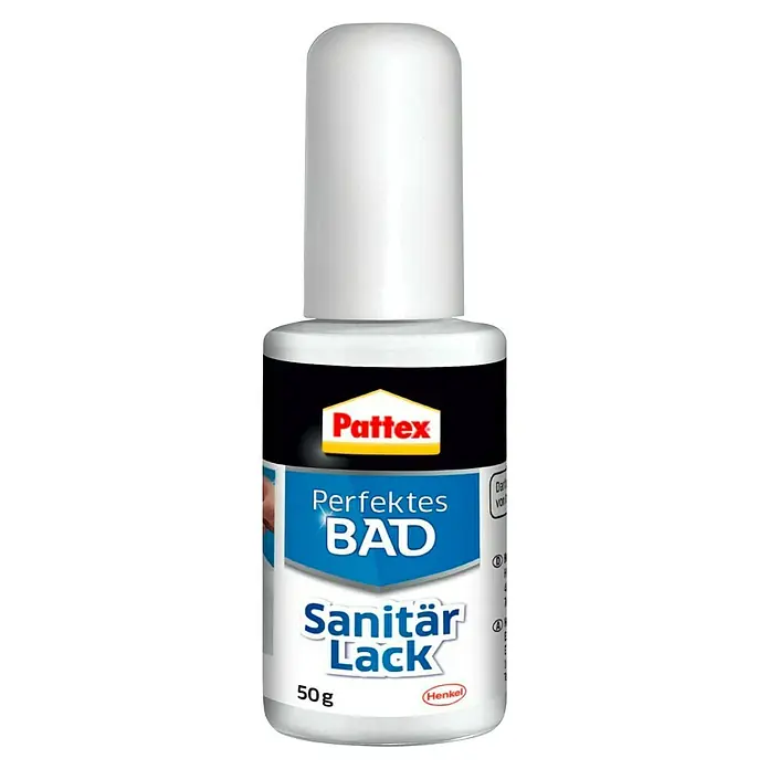 Pattex Reparatur-Lackstift Perfektes Bad - Weiß, 50 g - Produktansicht von Pattex Perfektes Bad Sanitär Lack, einem Sanitärlack zur Ausbesserung von beschädigten Oberflächen im Badezimmer.