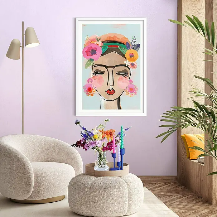 Reinders Bild Modern Frame - Colourful Face, B x H: 50 x 70 cm - Dekoratives Wandbild mit Frida Kahlo-Motiv, umgeben von Blumen, verleiht jedem Raum eine künstlerische Note und lebendige Atmosphäre.