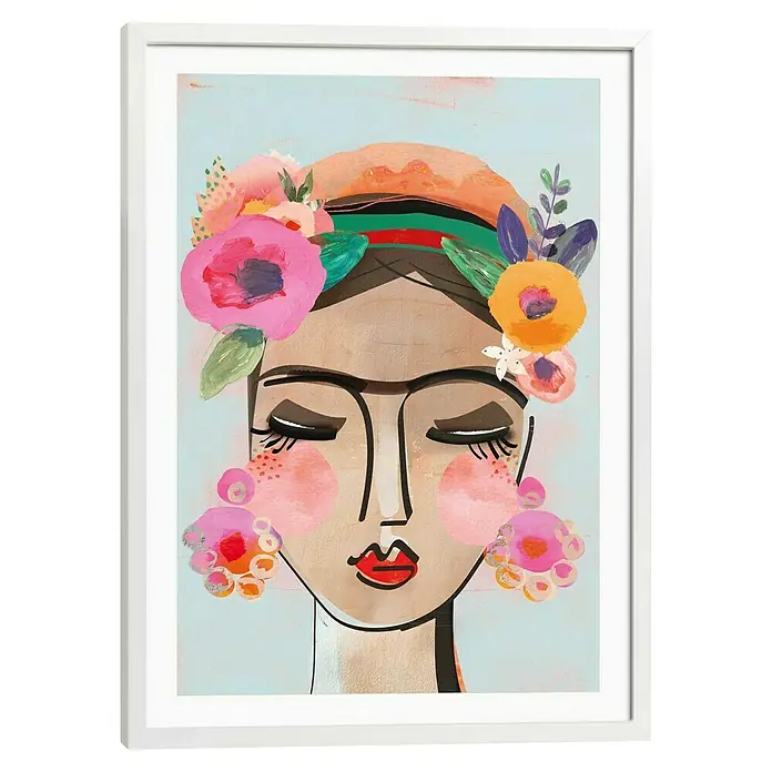 Reinders Bild Modern Frame - Colourful Face, B x H: 50 x 70 cm - Gerahmtes Porträt einer Frau mit Blumenkranz, das eine künstlerische und farbenfrohe Note verleiht.