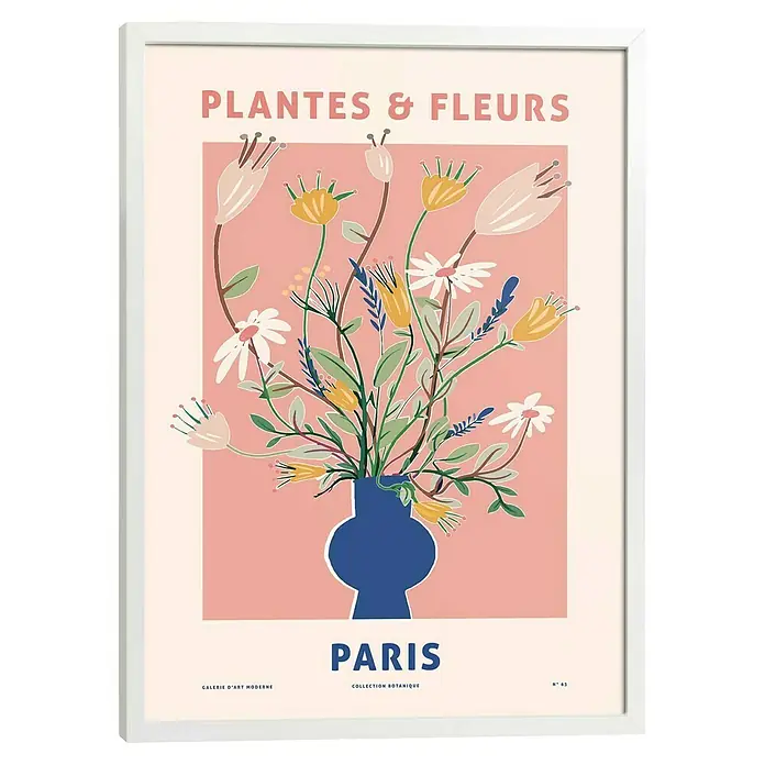 Reinders Bild Modern Frame - Blue Vase, B x H: 50 x 70 cm - Ein gerahmtes Poster "Pflanzen & Fleurs" mit bunten Blumen in einer blauen Vase, das eine botanische Pariser Kollektion darstellt.