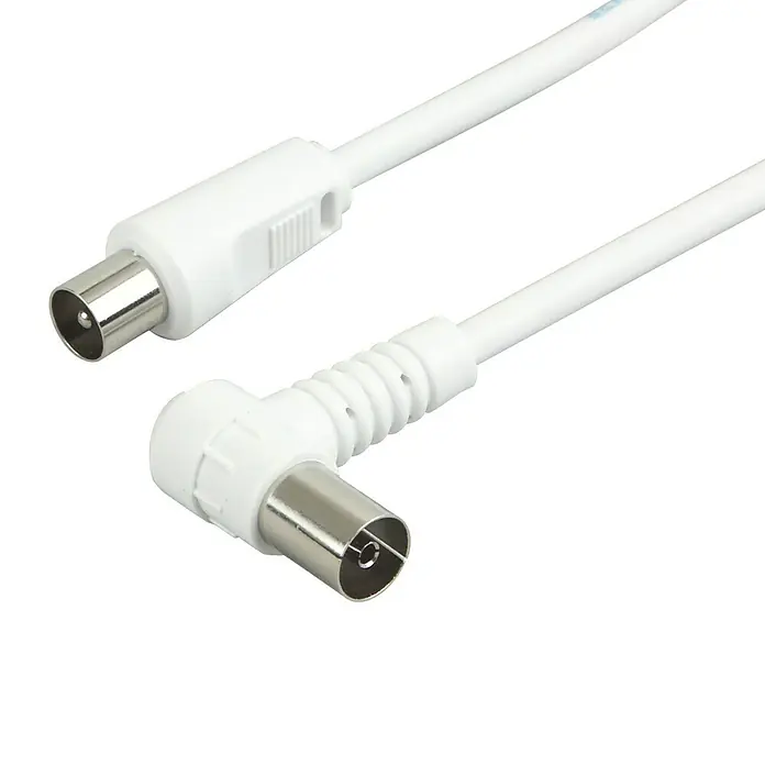 Schwaiger Antennen-Anschlusskabel - 1,5 m, Weiß, 75 dB, IEC Stecker auf IEC Winkelbuchse - Nahaufnahme von zwei weißen Antennenkabeln mit Winkelstecker und geradem Stecker auf schwarzem Hintergrund.