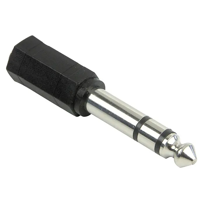 Schwaiger Audio-Adapter - Klinkenkupplung 3,5 mm, Klinkenstecker 6,3 mm - Nahaufnahme eines 6,35 mm Klinkensteckers mit schwarzem Griff, ein Audiozubehör für professionelle Audioanwendungen.