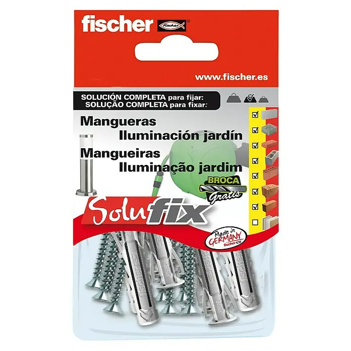Fischer Solufix Set de fijación - Específico para: Accesorios de jardín, 23 pzs. - Sistema de fijación Fischer SoluFix para mangueras e iluminación de jardín, con tornillos y tacos para una instalación segura.