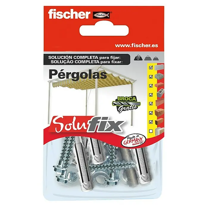 Fischer Solufix Set de fijación - Específico para: Pérgolas, columpios y casetas de jardín, 25 pzs. - Imagen de un paquete de fijación Fischer Solu Fix Pérgolas, que muestra anclajes y tornillos, ideal para instalaciones seguras de pérgolas.