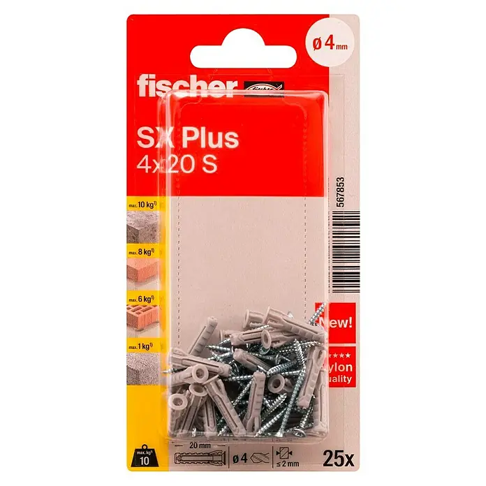 Fischer Taco universal SX Plus - Ø x L: 4 x 20 mm, Plástico, 25 ud. - Juego de tacos y tornillos Fischer SX Plus (4x20 S) para fijaciones seguras en diversos materiales, ideal para proyectos de bricolaje.