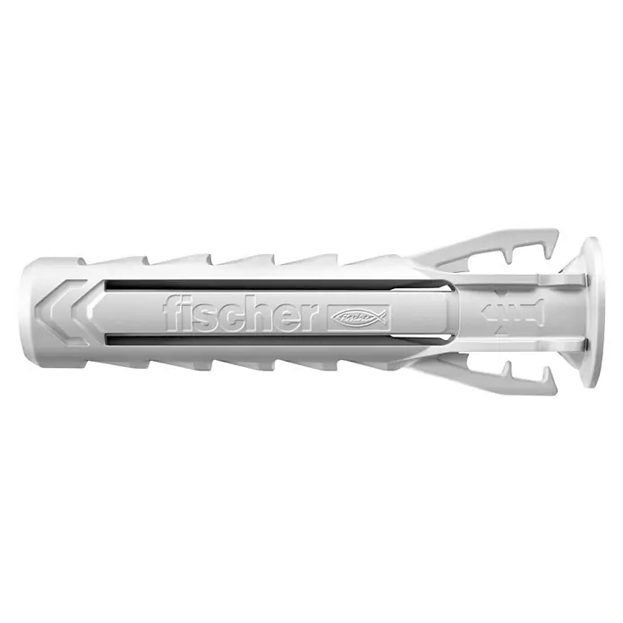 Fischer Taco universal SX Plus S K NV - Ø x L: 5 x 25 mm, Plástico, 20 ud. - Primer plano de un taco universal Fischer UX, un elemento de fijación para diversos materiales de construcción, con el logo Fischer.