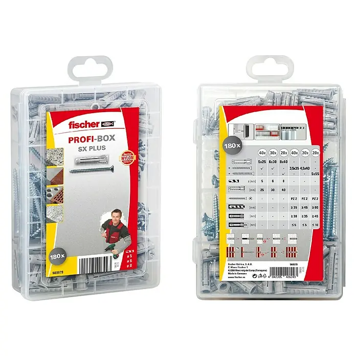 Fischer Taco universal SX Plus - Plástico, 180 ud. - La imagen muestra una PROFI-BOX SX PLUS de Fischer, que incluye una selección de tacos y tornillos para diversas aplicaciones.