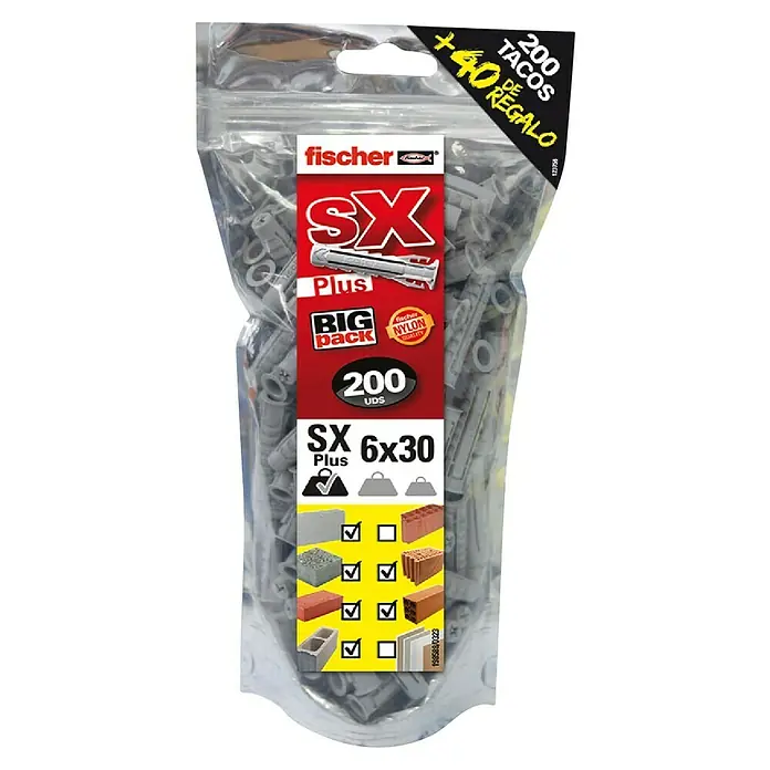 Fischer Taco universal SX Plus Big Pack - Ø x L: 6 x 30 mm, Plástico, 240 ud. - Un paquete de tacos universales Fischer SX Plus 6x30, 200 unidades más 40 de regalo, adecuados para diversos materiales de construcción.