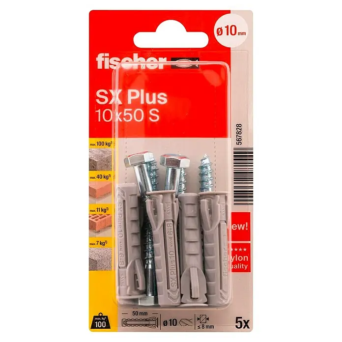 Fischer Taco universal SX Plus S - Ø x L: 10 x 50 mm, Plástico, 5 ud. - Un paquete de tacos Fischer SX Plus 10x50 S, aptos para diversos materiales con diferentes cargas máximas, 5 unidades.
