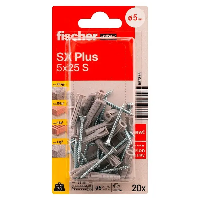Fischer Taco universal SX Plus S K NV - Ø x L: 5 x 25 mm, Plástico, 20 ud. - Tacos Fischer SX Plus 5x25 S en blíster. Los tacos son adecuados para hormigón, ladrillo y otros materiales, carga máxima 20 kg.