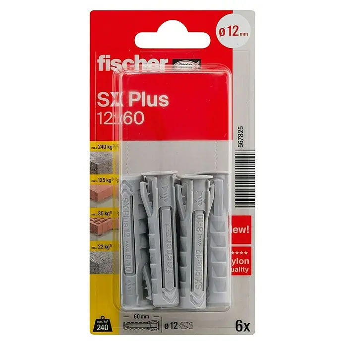 Fischer Taco universal SX Plus - Ø x L: 12 x 60 mm, Plástico, 6 ud. - Imagen de un paquete de tacos Fischer SX Plus 12x60, diseñados para cargas pesadas en diversos materiales de construcción, con una capacidad de hasta 240 kg.
