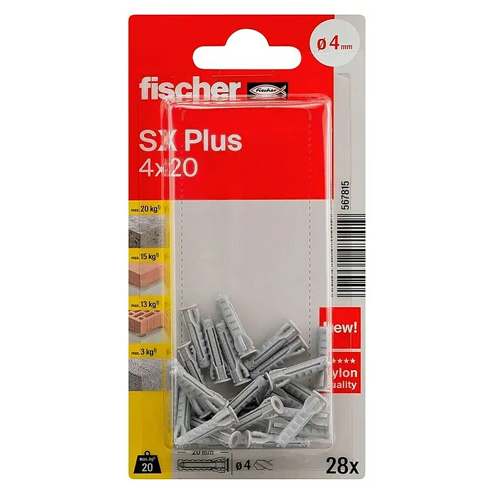 Fischer Taco universal SX Plus - Ø x L: 4 x 20 mm, Plástico, 28 ud. - Tacos Fischer SX Plus 4x20 mm, un paquete que contiene 28 tacos grises. Ideales para fijaciones en diversos materiales con una capacidad de carga de hasta 20 kg.
