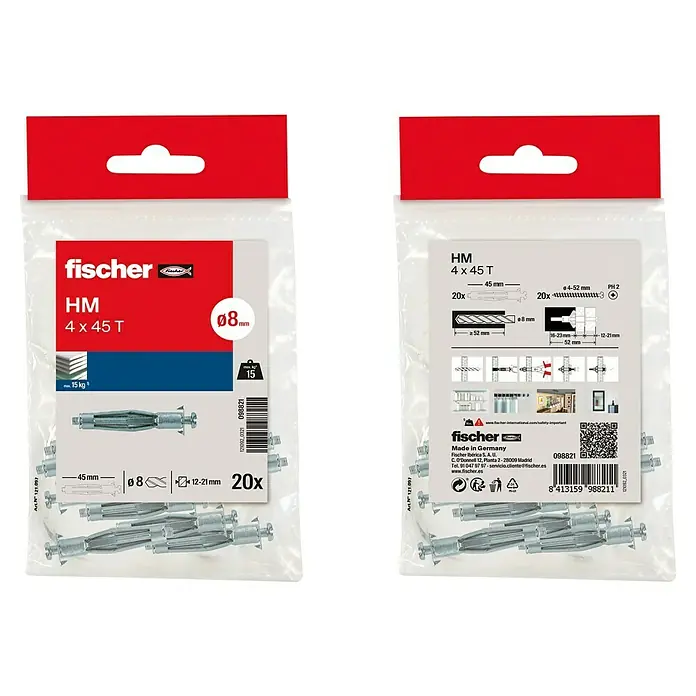 Fischer Anclaje metálico HM - Ø x L: 4 x 46 mm, 20 ud. - Imagen de dos paquetes de fijaciones para cavidades Fischer HM 4 x 45 T, ideales para fijaciones seguras en materiales huecos, 20 unidades por paquete.