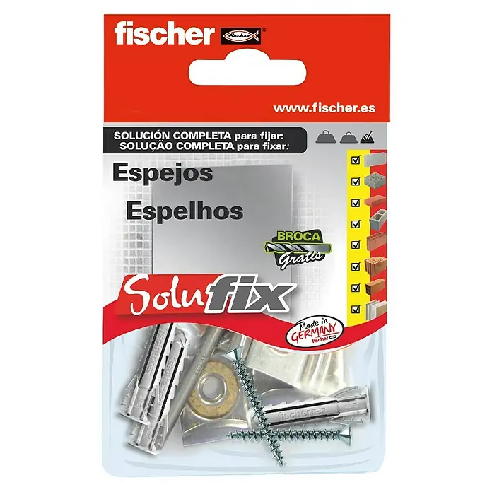 Fischer Solufix Set de fijación - Específico para: Espejos, 13 pzs. - Fischer SoluFix solución completa para fijar espejos, incluyendo tacos, tornillos y un taladro gratuito. Fabricado en Alemania.