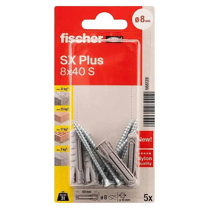 Fischer Taco universal SX Plus - Ø x L: 8 x 40 mm, Plástico, 5 ud. - Imagen de un paquete de tacos Fischer SX Plus 8x40 S, ideales para una fijación segura en diversos materiales.