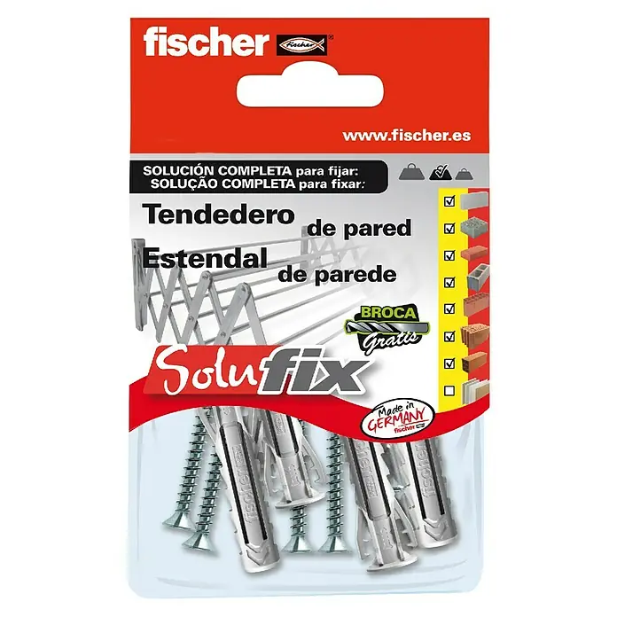 Fischer Solufix Set de fijación - 13 pzs., Específico para: Tendederos de pared - Kit completo Fischer SoluFix para fijar un tendedero a la pared, incluyendo tacos y tornillos para una fijación segura.