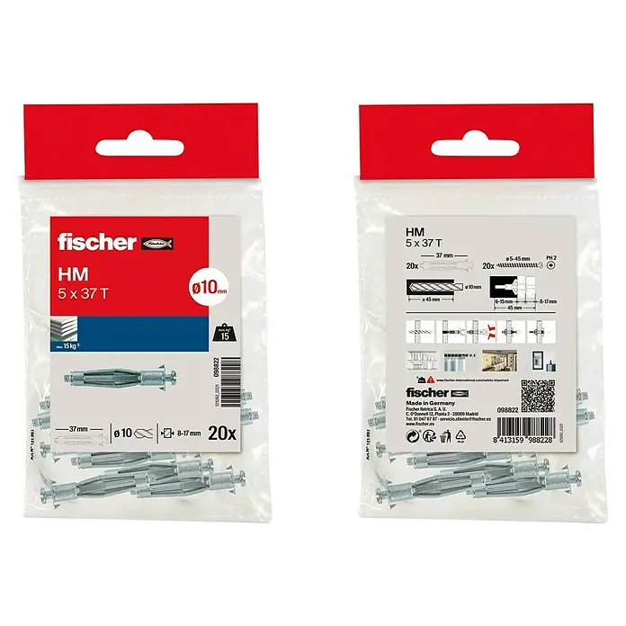 Fischer Anclaje metálico HM - Ø x L: 5 x 37 mm, 20 ud. - Tacos metálicos Fischer HM 5 x 37 T en pack doble, ideales para fijaciones seguras en placas de yeso laminado y fibra de yeso, con alta capacidad de carga.