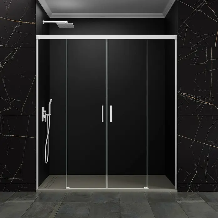 GME Mampara de ducha frontal Basic Spazio - 150 x 195 cm, Vidrio transparente, Longitud regulable: 142 cm - 152 cm, Blanco - Imagen de una mampara de ducha con puertas correderas y marco blanco sobre fondo oscuro.