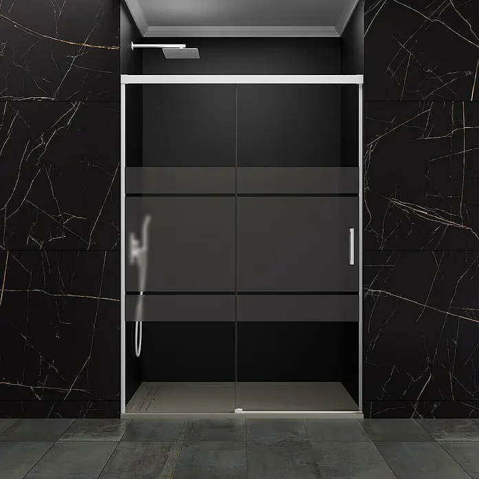 GME Mampara de ducha frontal Basic - 160 x 195 cm, Vidrio serigrafiado, Blanco - Cabina de ducha con puerta corredera y diseño de vidrio esmerilado sobre un fondo de mármol oscuro. Interior de baño elegante.