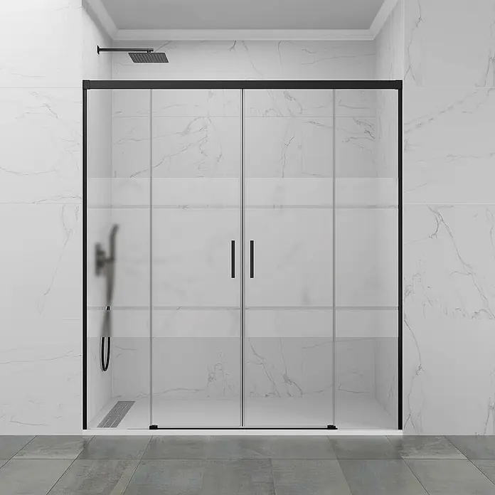 GME Mampara de ducha frontal Basic Spazio - 210 x 195 cm, Vidrio serigrafiado, Longitud regulable: 200 cm - 210 cm, Negro - Elegante cabina de ducha con marco negro y vidrio transparente. Su diseño moderno complementa cualquier baño, ofreciendo una experiencia de ducha lujosa.