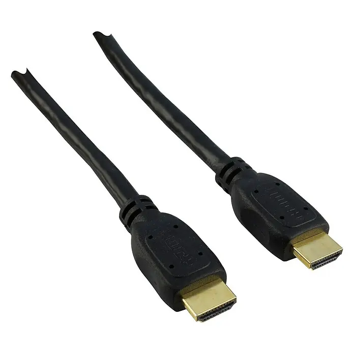 Schwaiger HDMI-Kabel - 5 m, Schwarz, 18 Gbit/s - Schwarzes HDMI-Kabel mit goldenen Anschlüssen auf schwarzem Hintergrund für die Signalübertragung von Mediengeräten.