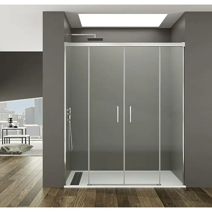 GME Mampara de ducha frontal Basic Spazio - 160 x 195 cm, Vidrio transparente, Longitud regulable: 152 cm - 162 cm, Plata brillo - Imagen de una moderna cabina de ducha con puertas correderas de vidrio, que muestra un diseño minimalista y una estética de baño elegante.