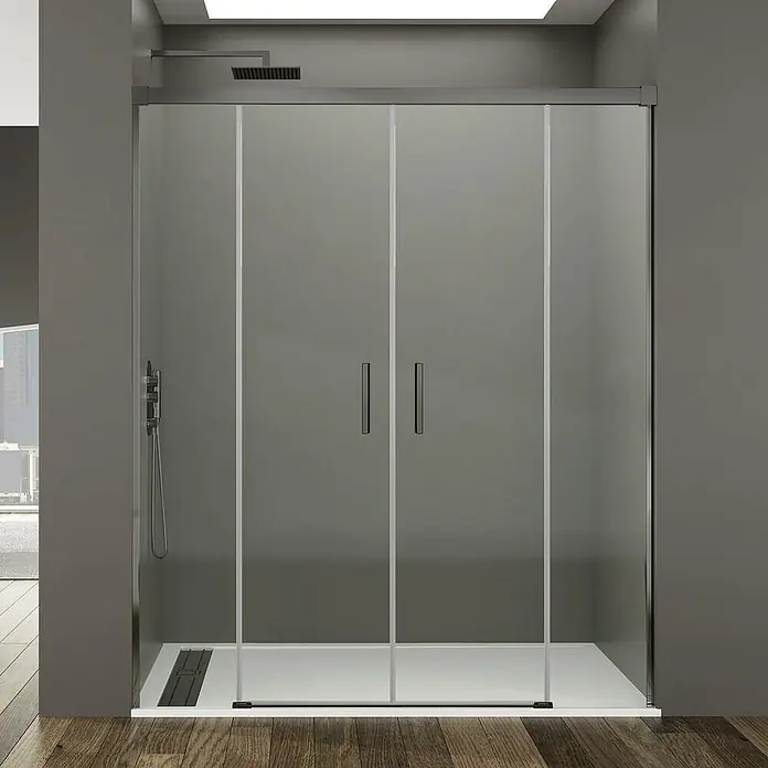 GME Mampara de ducha frontal Basic Spazio - 150 x 195 cm, Vidrio transparente, Longitud regulable: 142 cm - 152 cm, Titanio - Cabina de ducha moderna con puertas correderas y diseño elegante. La mampara de ducha es de vidrio de alta calidad y ofrece un espacio de ducha moderno.