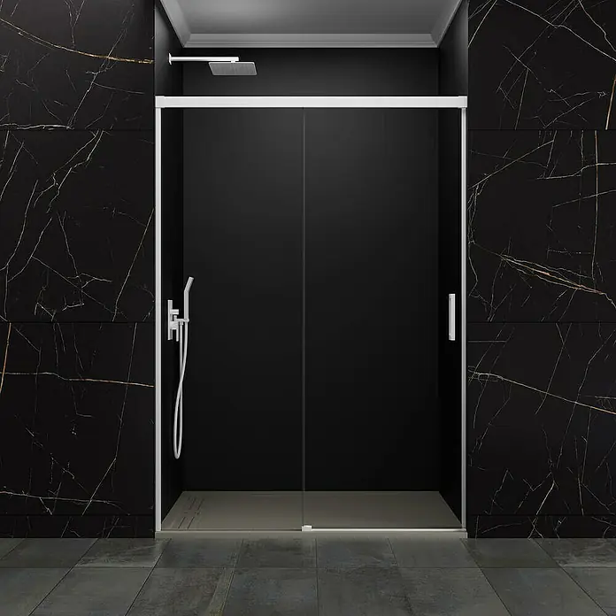 GME Mampara de ducha frontal Basic - 200 x 196 cm, Vidrio transparente, Blanco - Elegante cabina de ducha con puertas correderas y marco blanco sobre fondo de mármol oscuro. Diseño de baño contemporáneo.